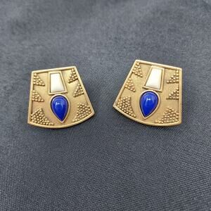 Monet Earrings Signed Etruscan Revival Art Deco Gold Tone Clip-On Vintage MCM